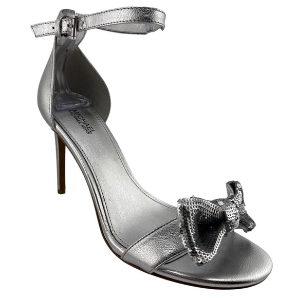 Michael Kors Paris Women's Size 7 M Silver Sequin Heels Ankle Strap Sandal NWB - Picture 1 of 12